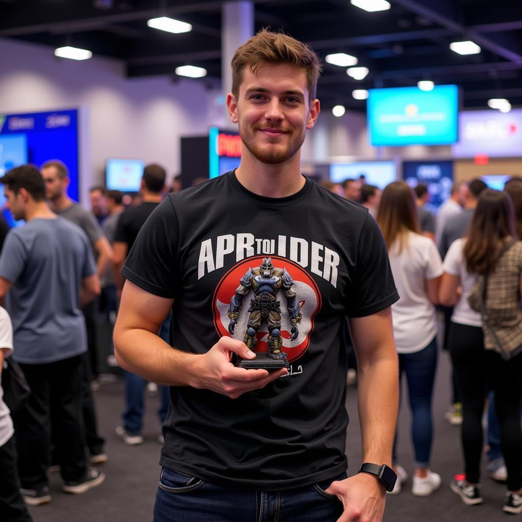 Gamer Wearing Official Merch at a Gaming Event