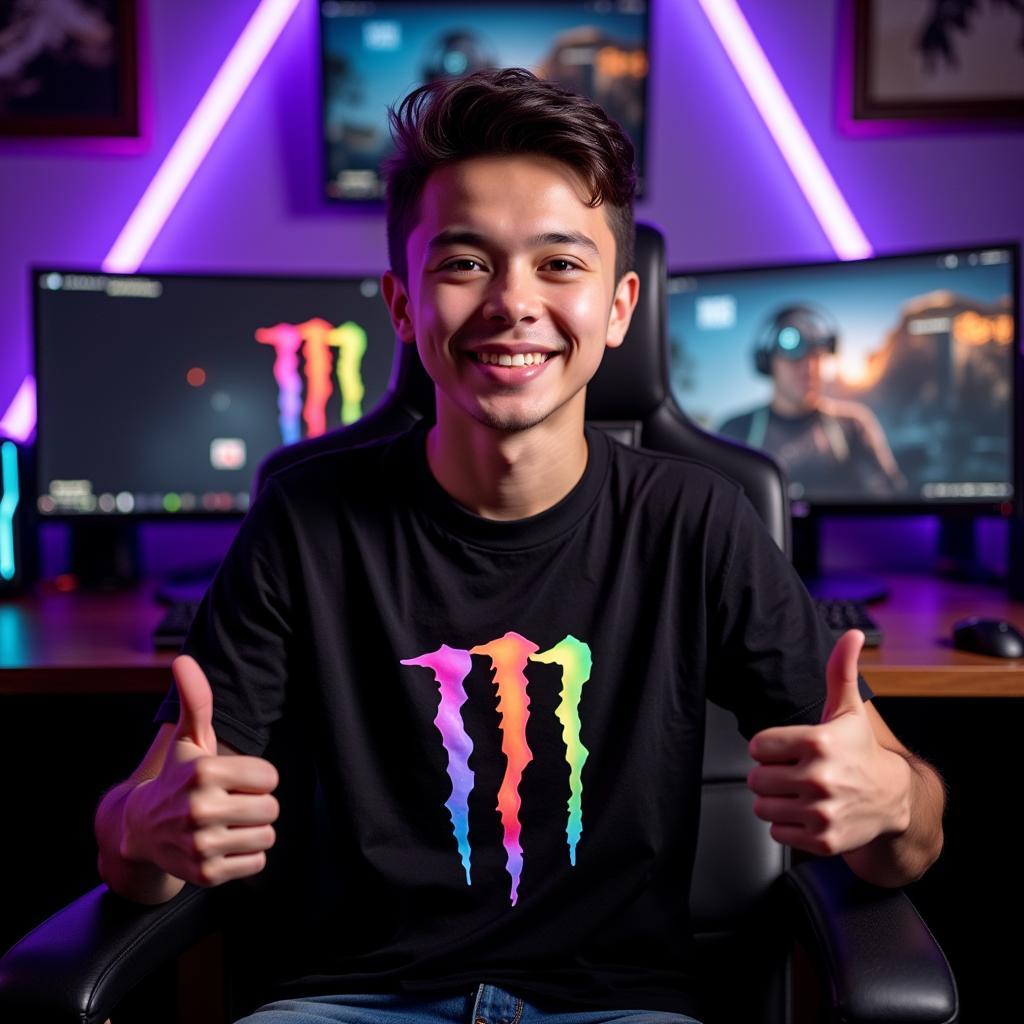 Gamer proudly wearing a sponsored shirt