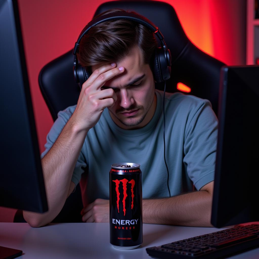 Gamer Experiencing a Headache After Consuming Energy Drink