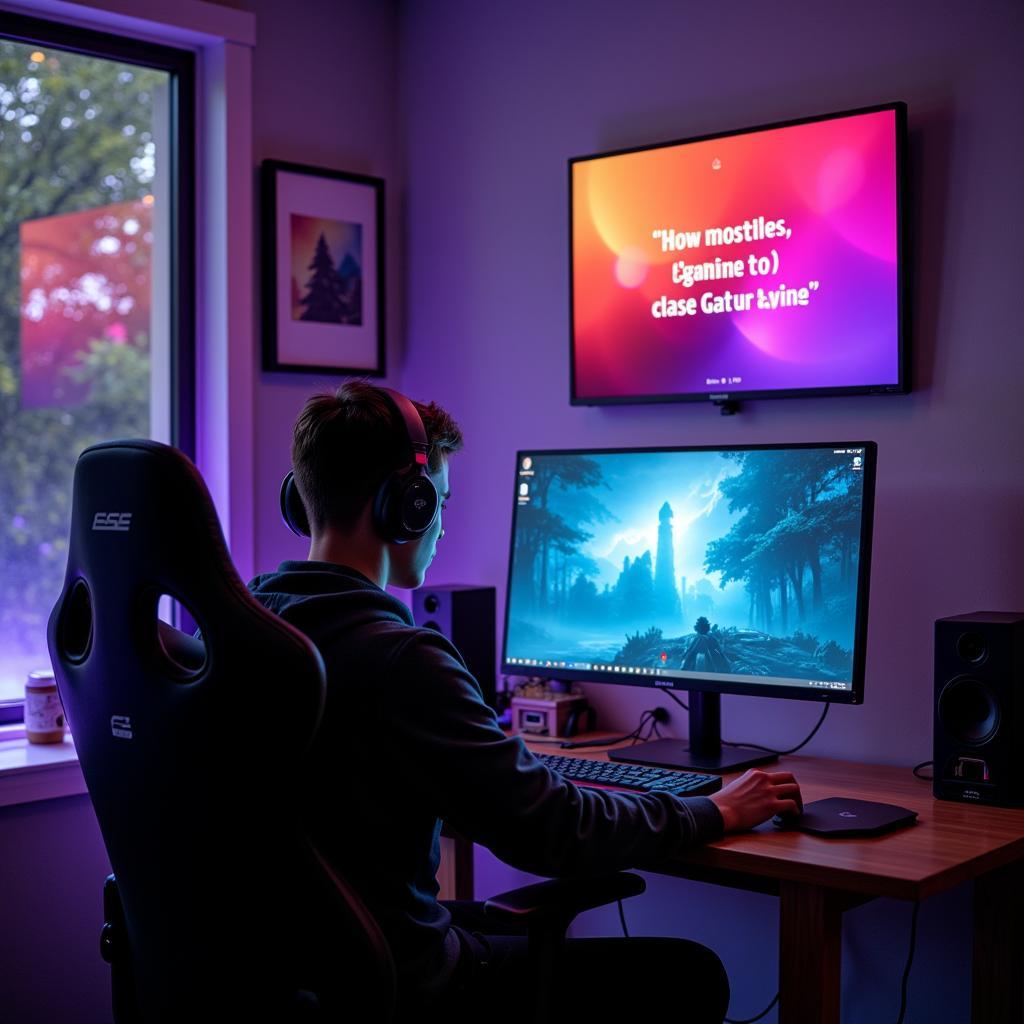 Gamer sitting at their computer with a vibrant positivity poster in the background