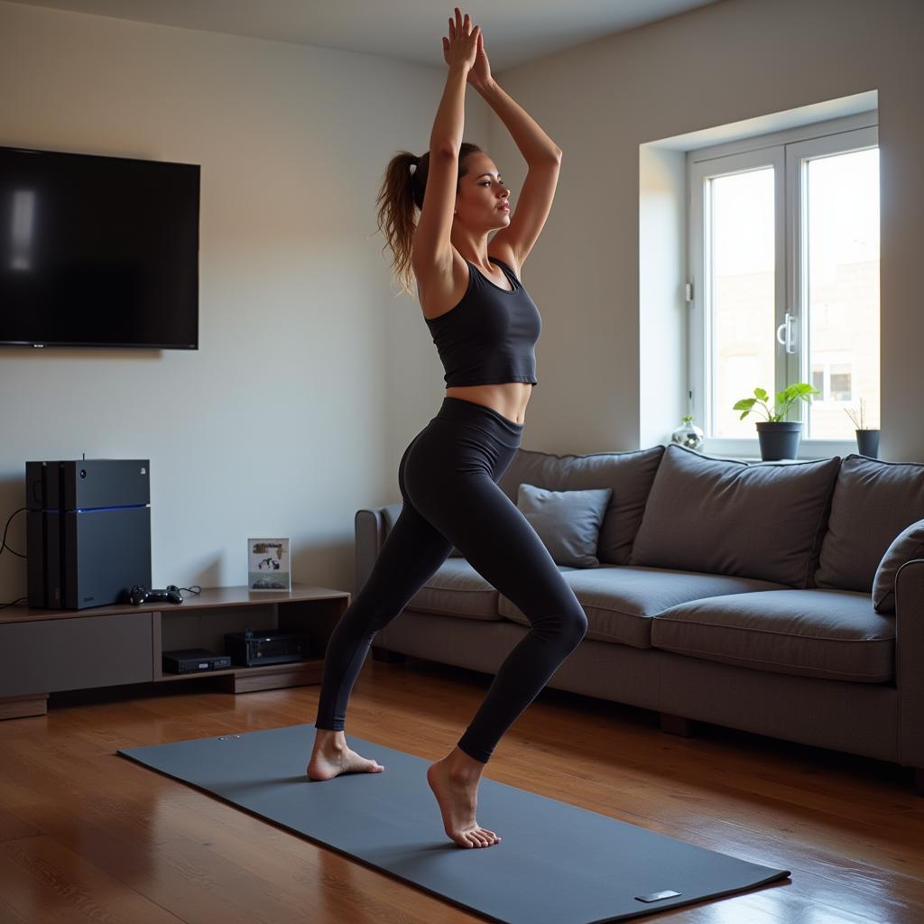 Gamer practicing yoga in living room