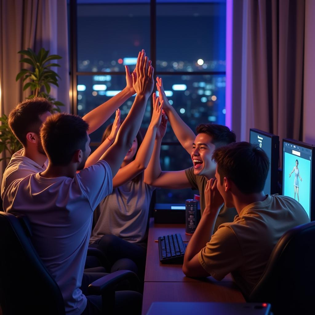 Group of friends celebrating a hard-earned victory in an online game