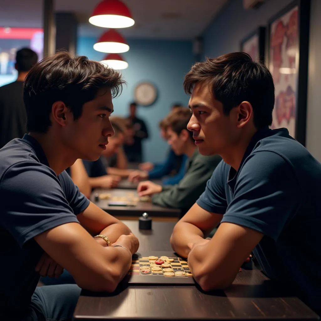 Gamers competing intensely in a street tournament