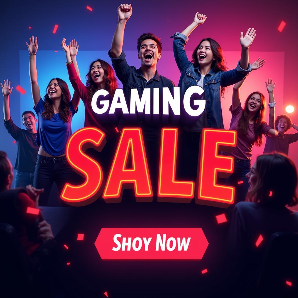 Gamers celebrating a sale banner