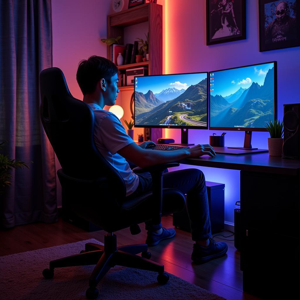 A gamer enjoying their gaming setup