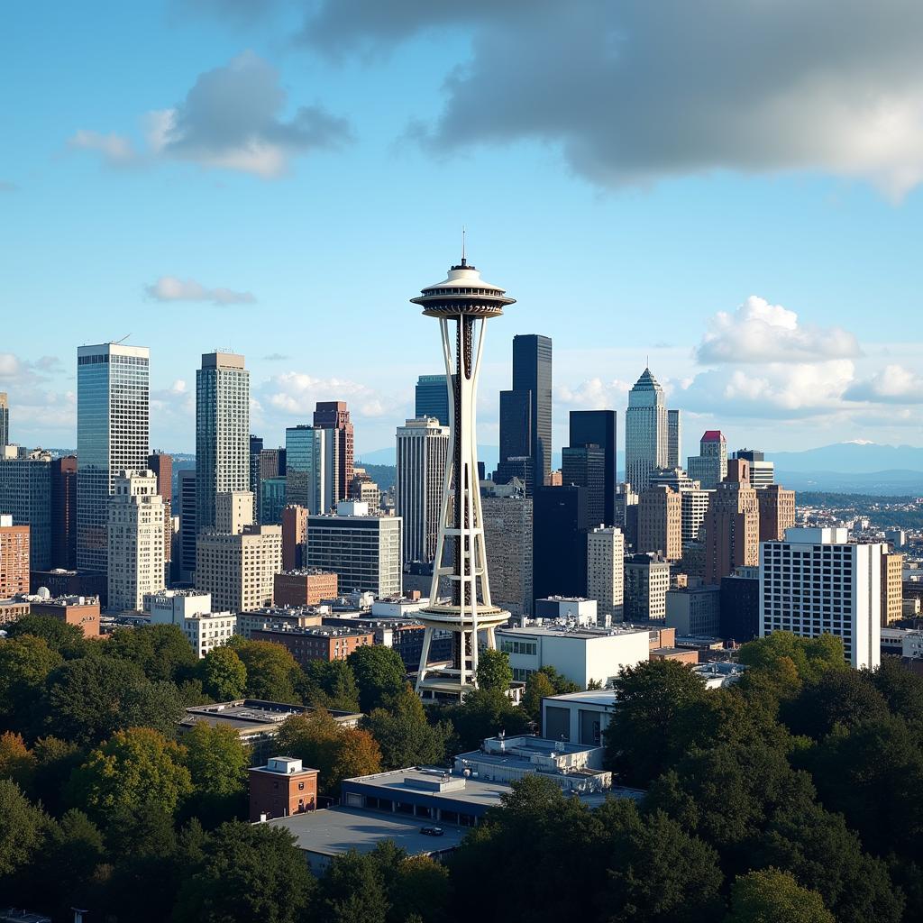 Gaming studios set against the Seattle skyline