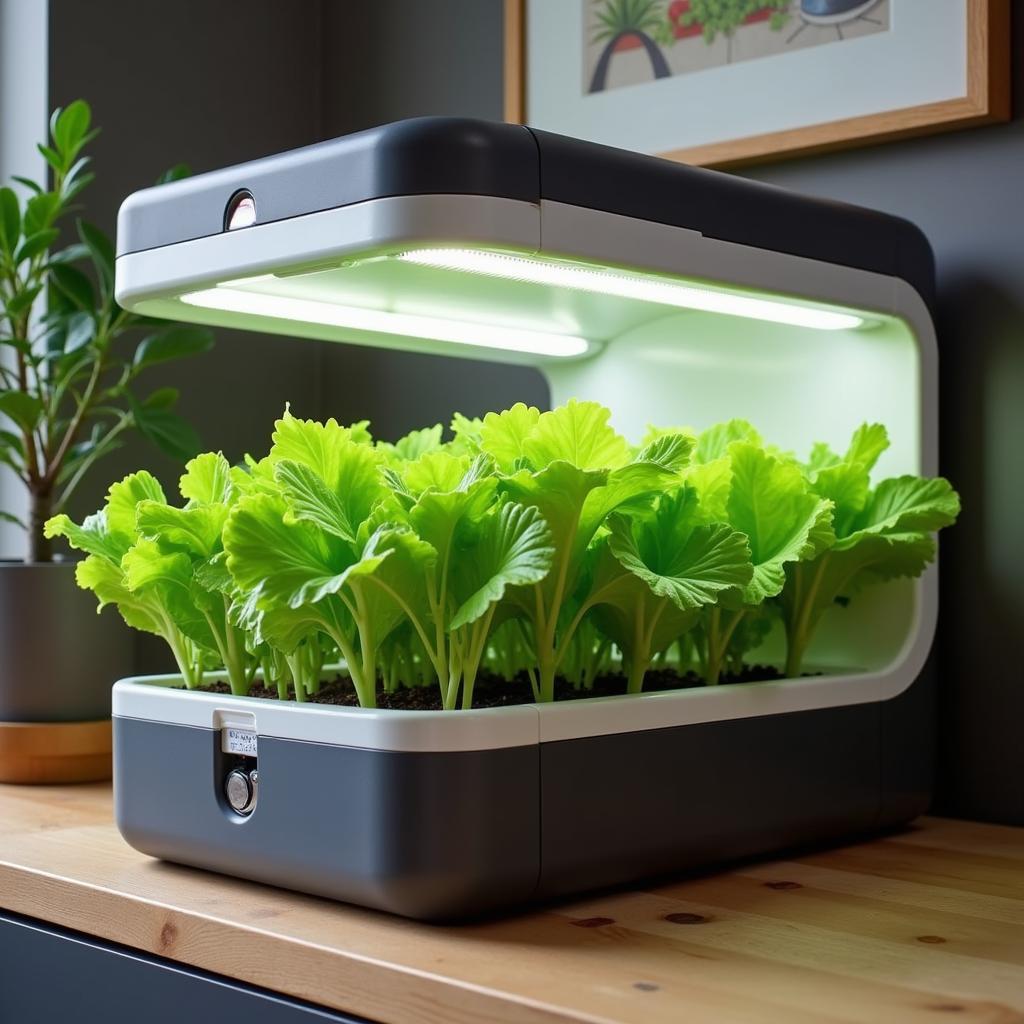 Indoor garden patch grow box with lush green lettuce