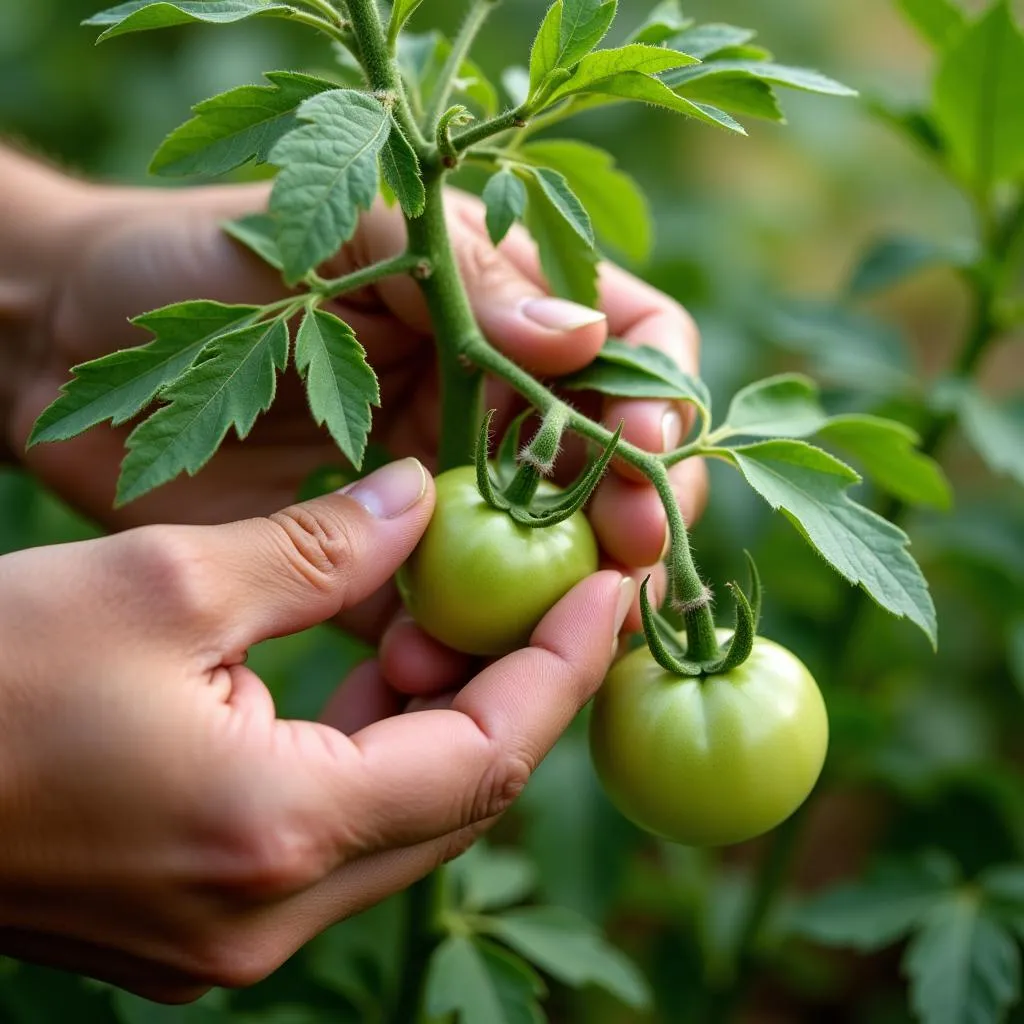 A gardener carefully checks tomato plants for any signs of pests