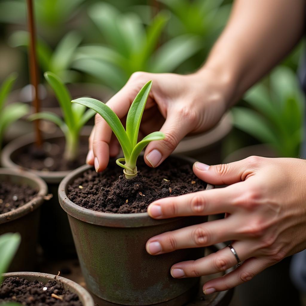 A gardener planting a ground orchid in a pot