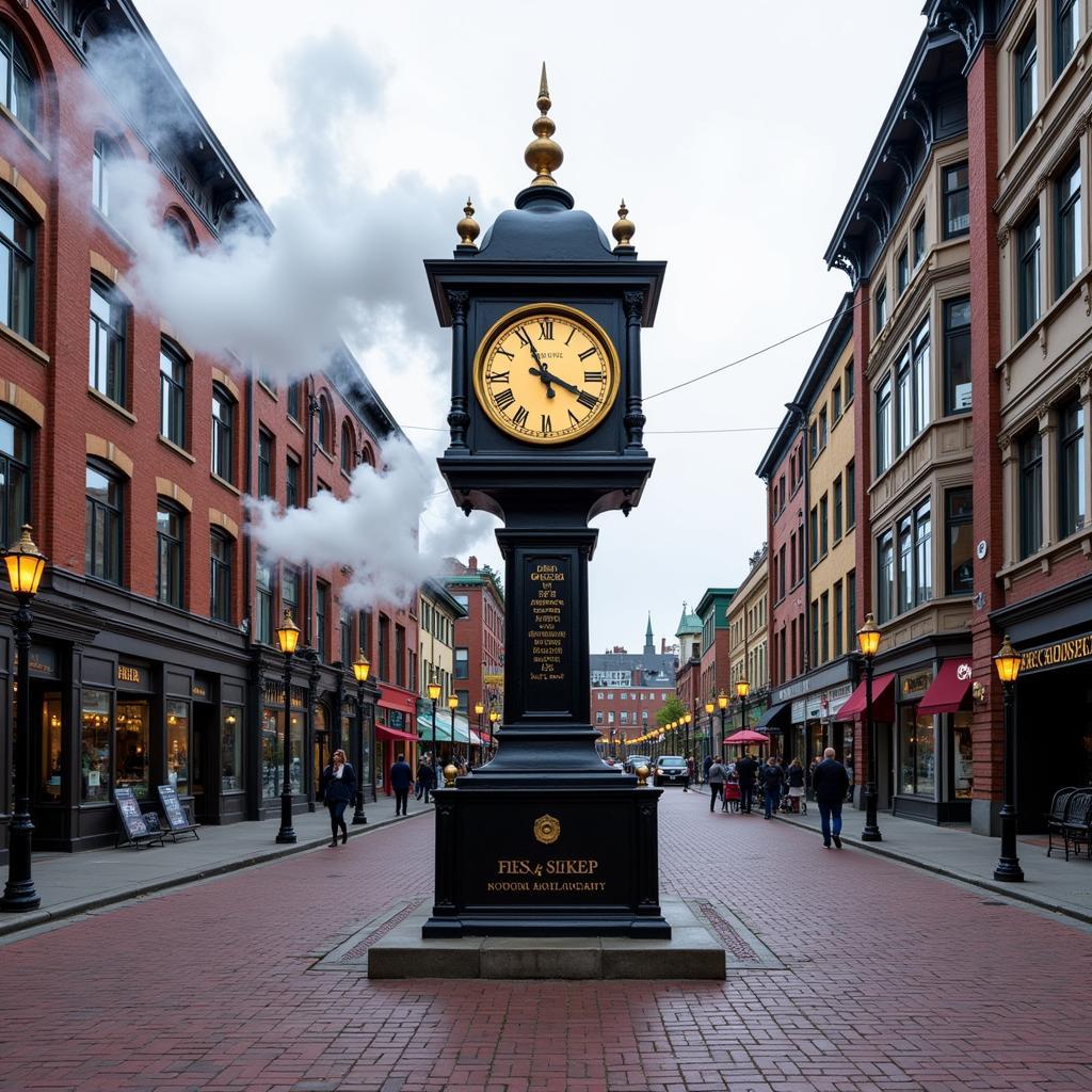 Gastown's steam clock with cobblestone streets and historic buildings