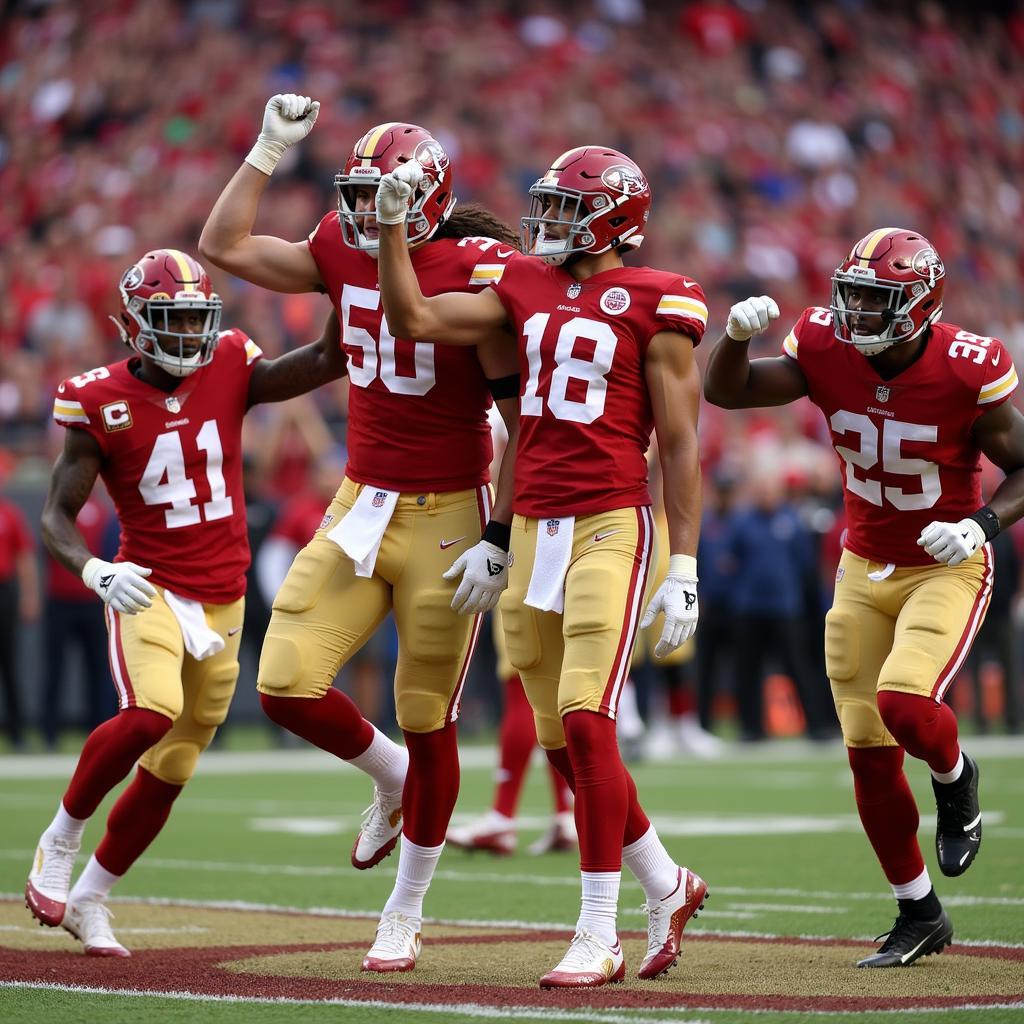 George Kittle celebrates a touchdown with his teammates.