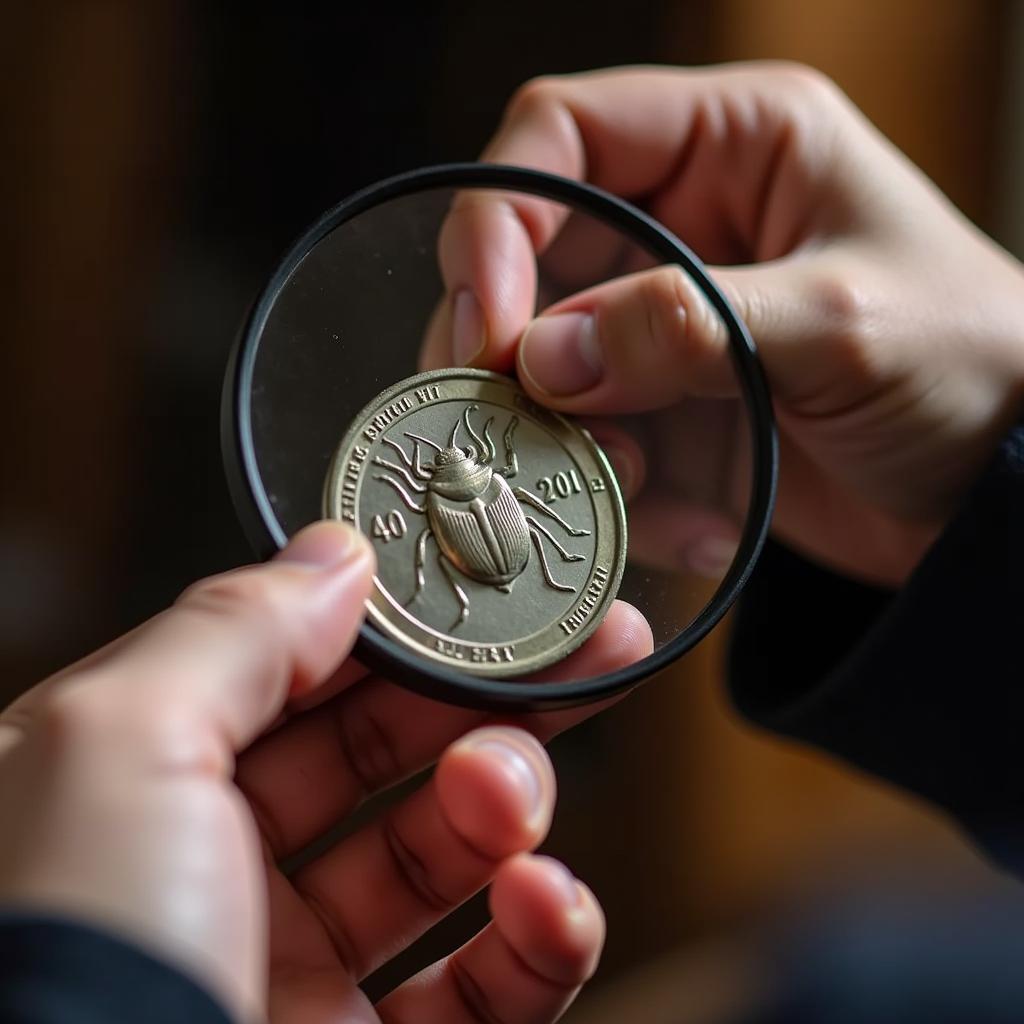 Expert Examining a German Bug Coin