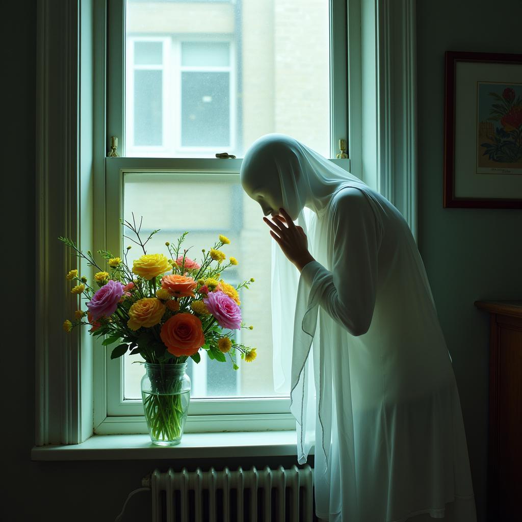 A ghost leans towards a vase of vibrant flowers, seemingly inhaling their fragrance