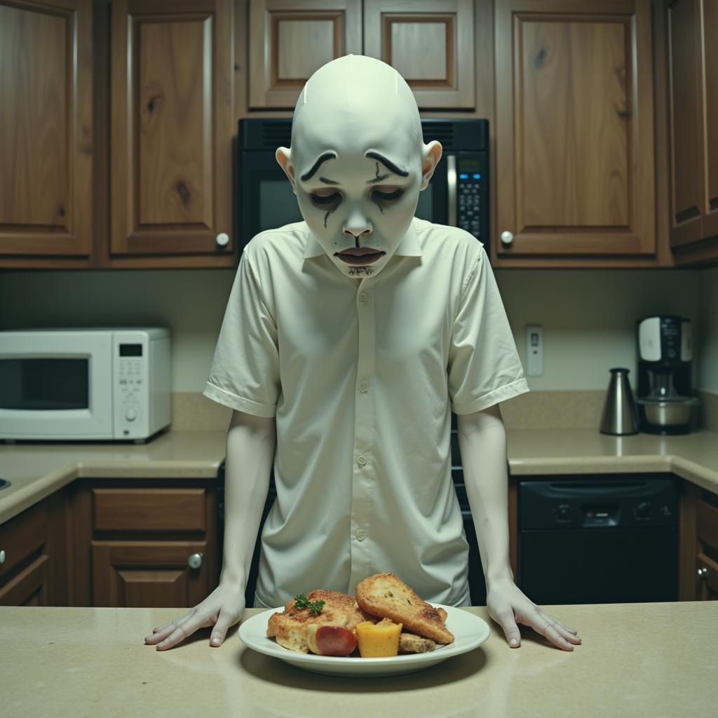 A ghostly figure hovers in a dimly lit kitchen