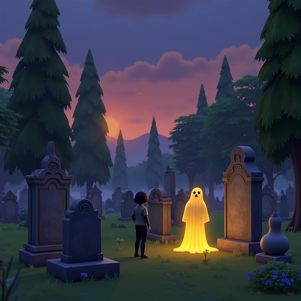 A Sim visiting a graveyard with Gilded Ghosts