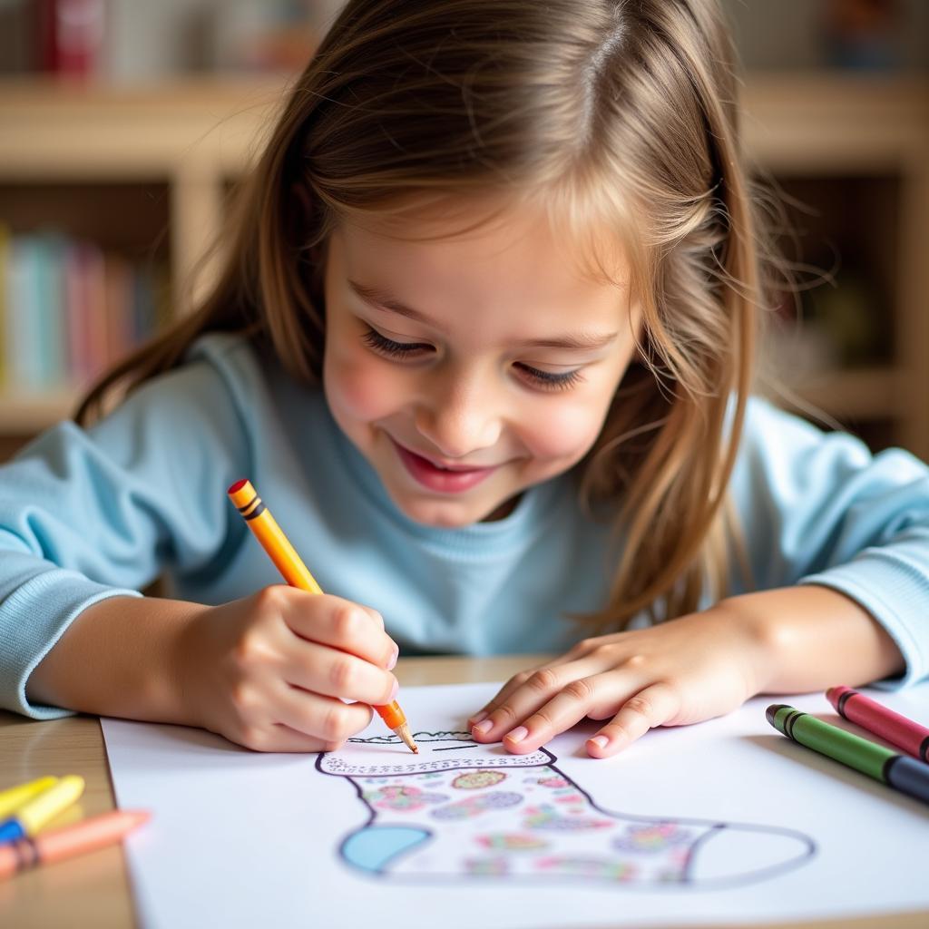 A young girl happily coloring a sock-themed page