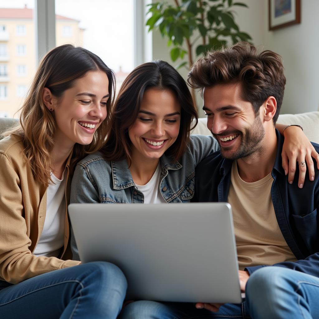 Couple looking at apartment listings with their roommate