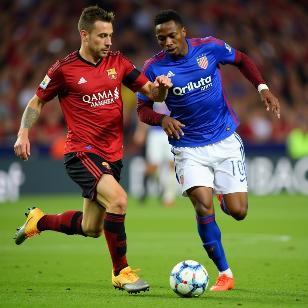 Players from Girona FC and RCD Mallorca engage in an intense battle for possession during their La Liga encounter.