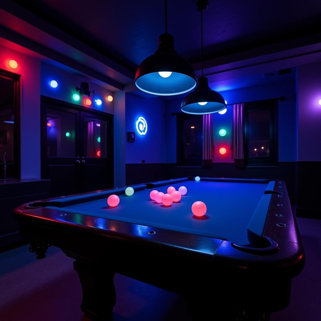 Glow pool balls illuminating a dark game room.