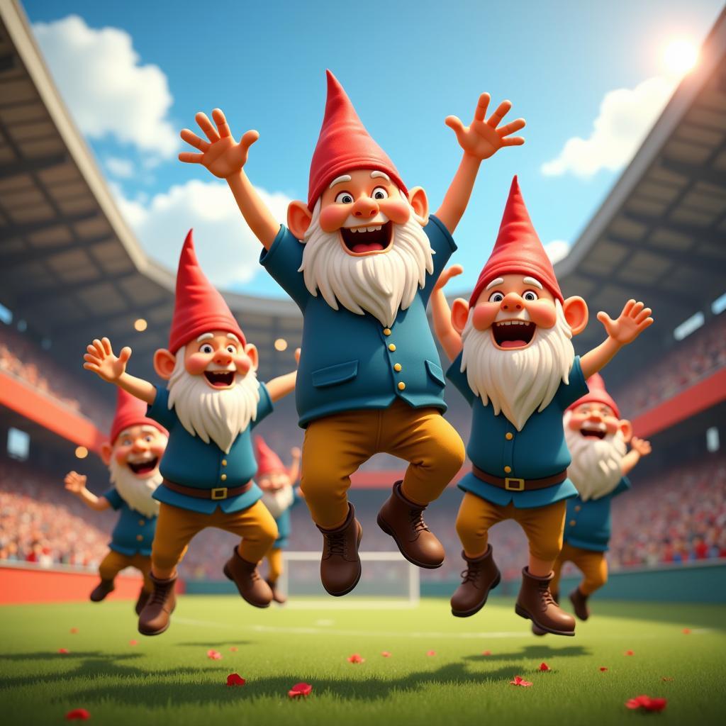 Group of gnomes celebrating a victory in a magical sporting event