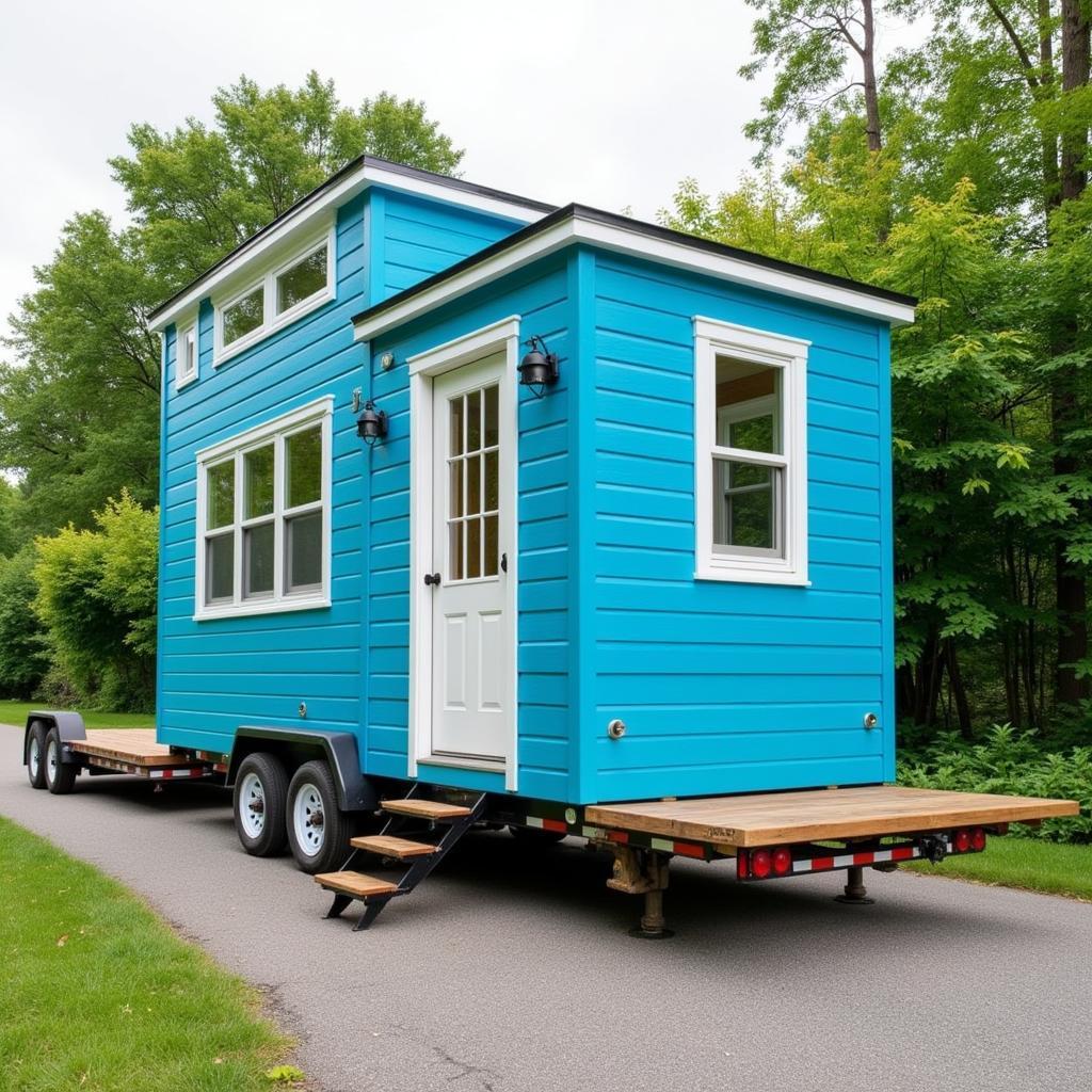 Go box tiny home being transported on a trailer