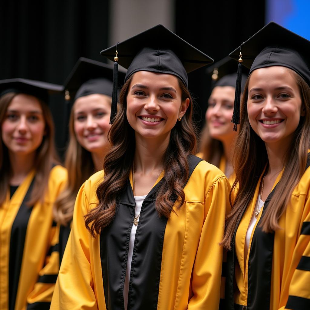 Students wearing gold jackets at a university graduation ceremony