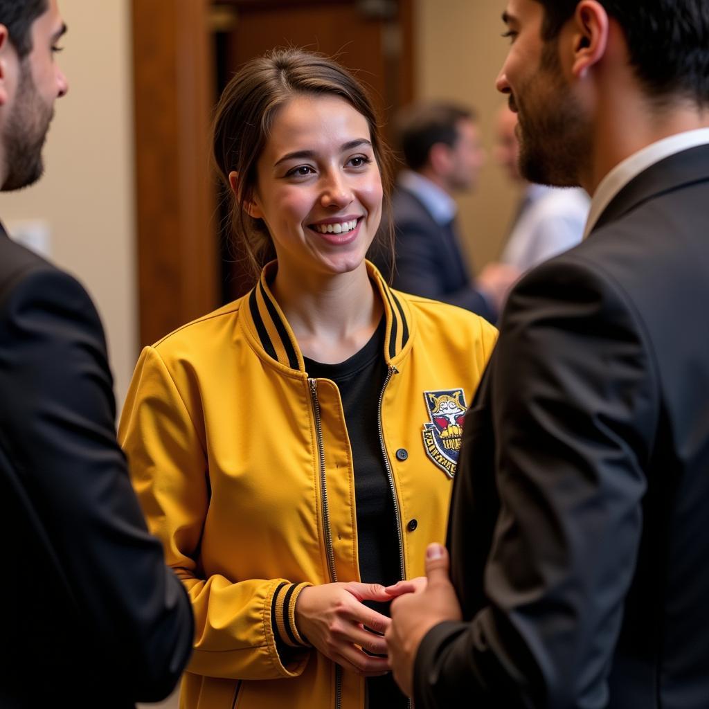 Gold jacket recipient networking at a professional event