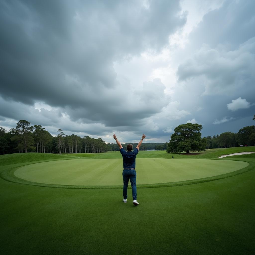 Golfer celebrates victory under stormy skies