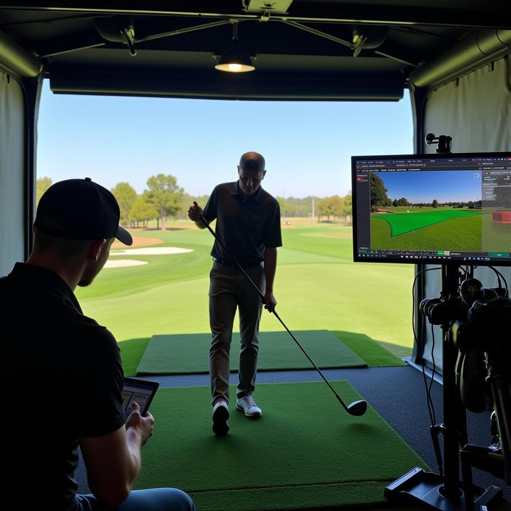 Golfer getting fitted for a driver using a launch monitor