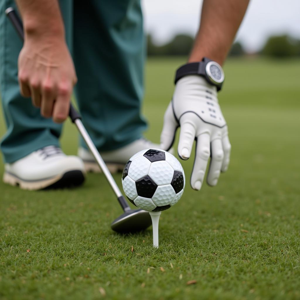 Golfer teeing off with a soccer ball golf ball