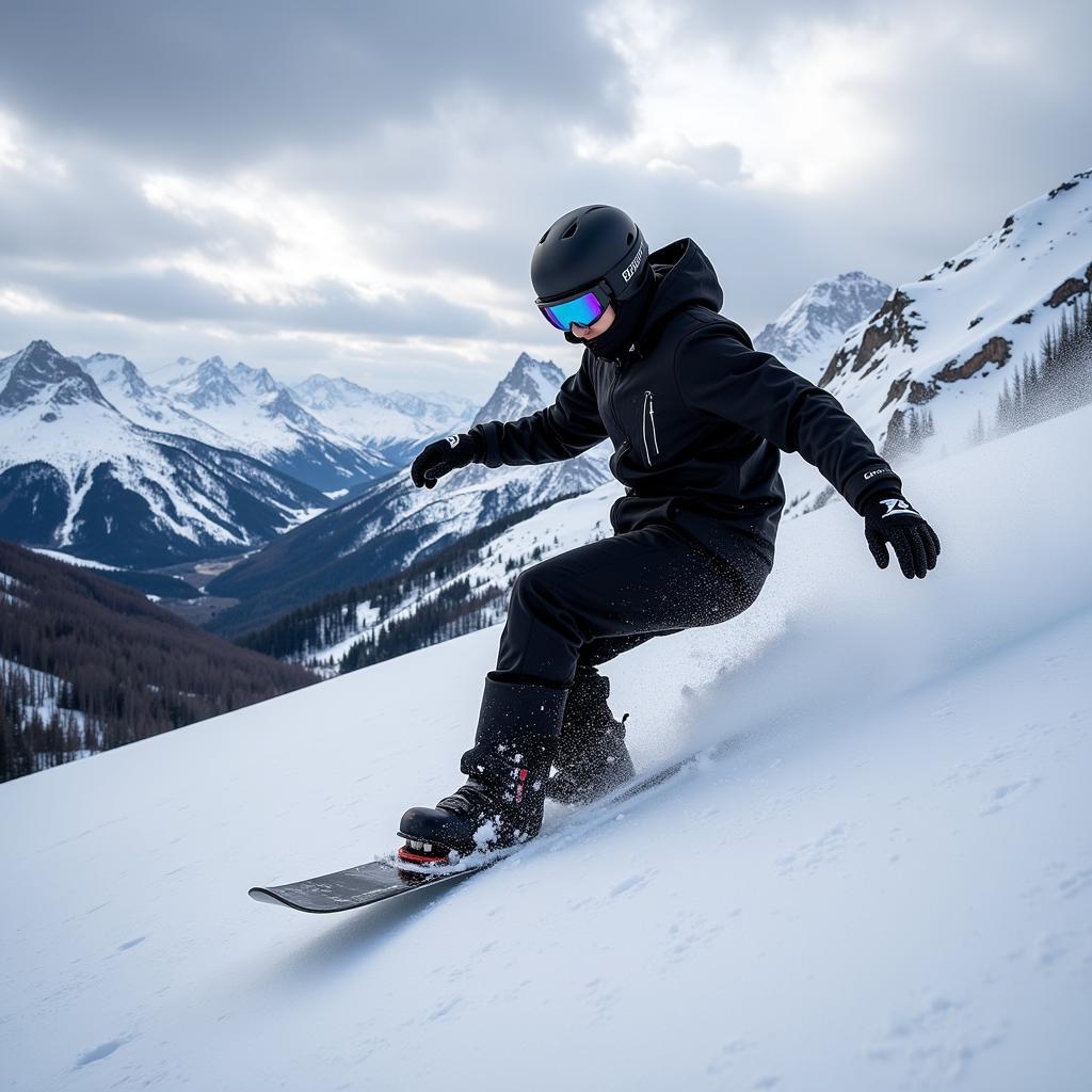 Goth snowboarder riding down a snowy mountain.