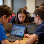 Students playing educational games on laptops