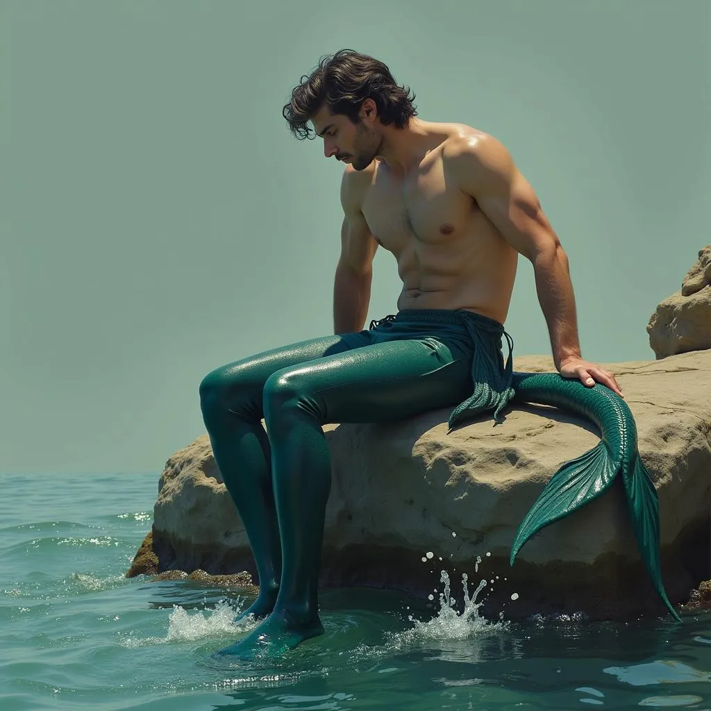 Graceful Merman Pose Resting on a Rock