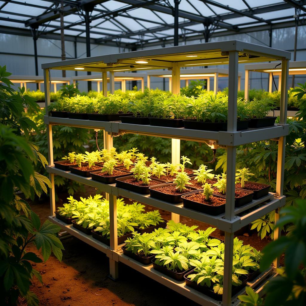 Greenhouse Shelving and Lighting Setup