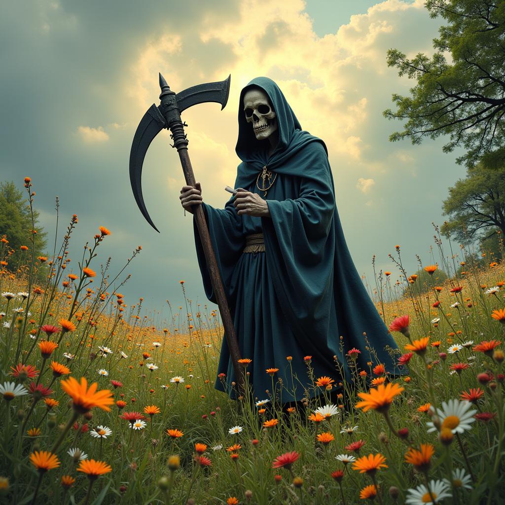 Grim Reaper amidst a field of wildflowers