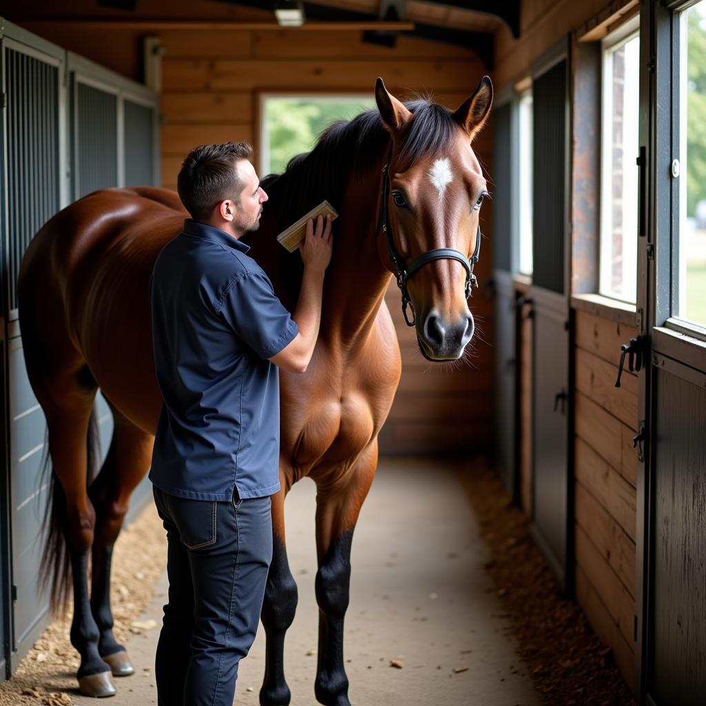 Grooming a Horse in a Stable