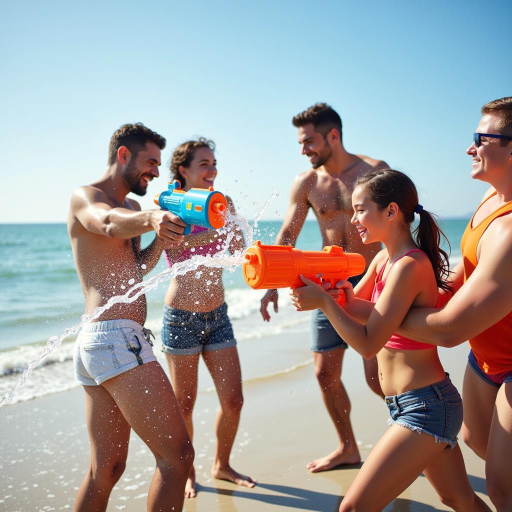 Friends Having Fun with Water Guns at the Beach