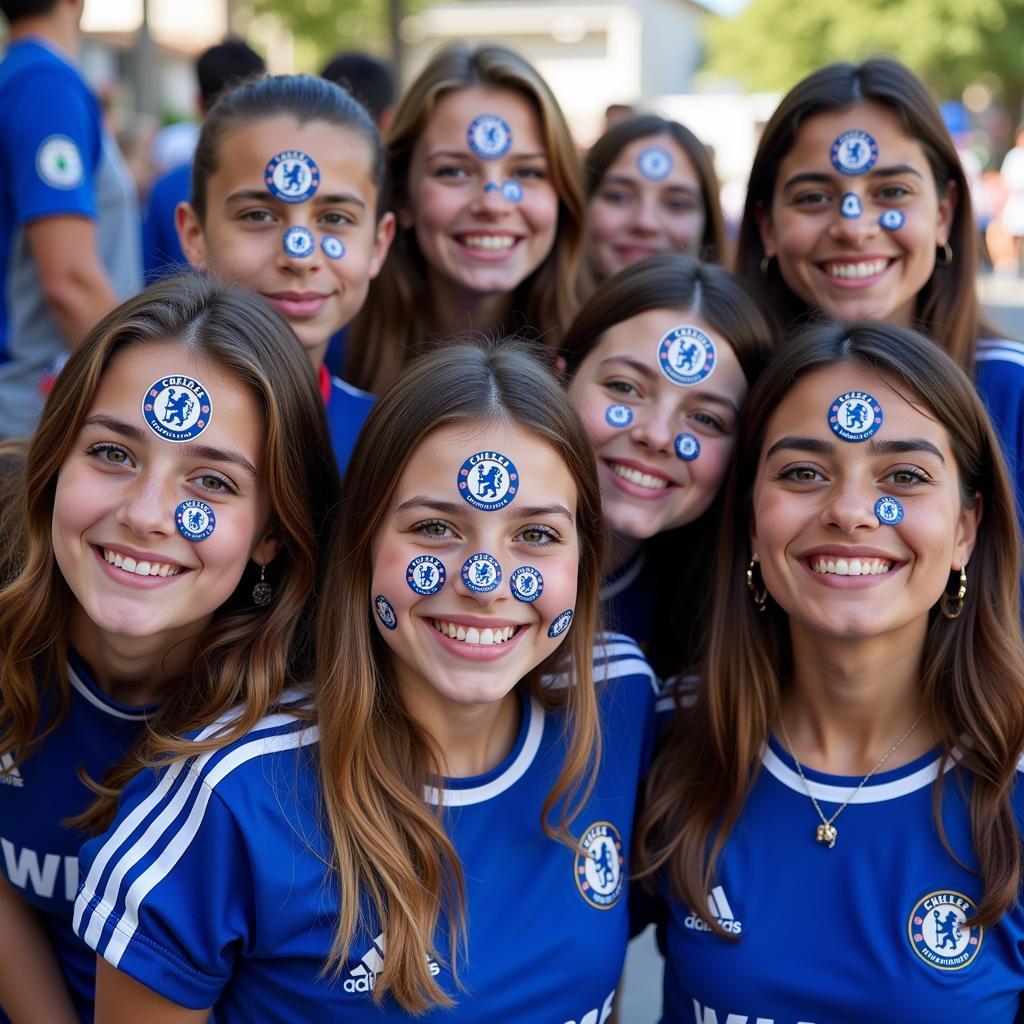 Chelsea fans with team stickers on their faces