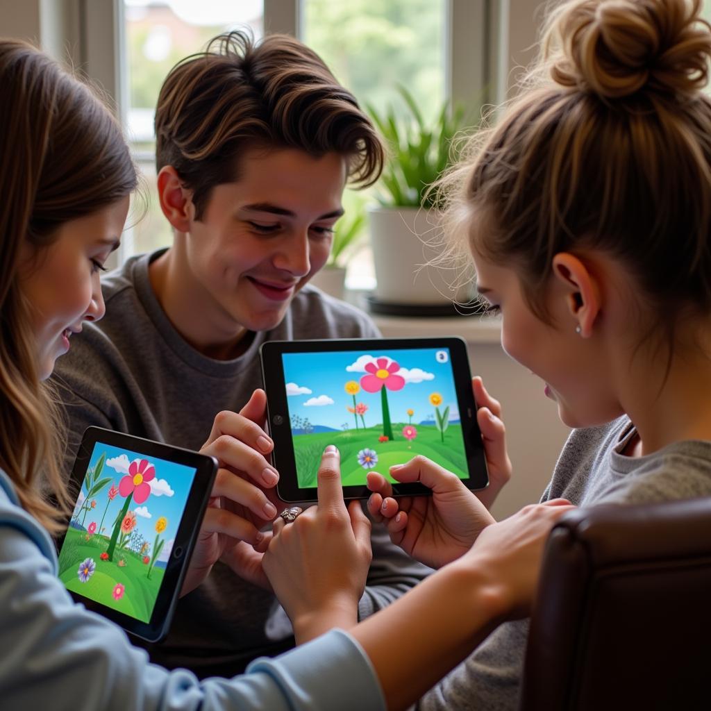 Friends gathered together, playing a blooming garden game on their devices