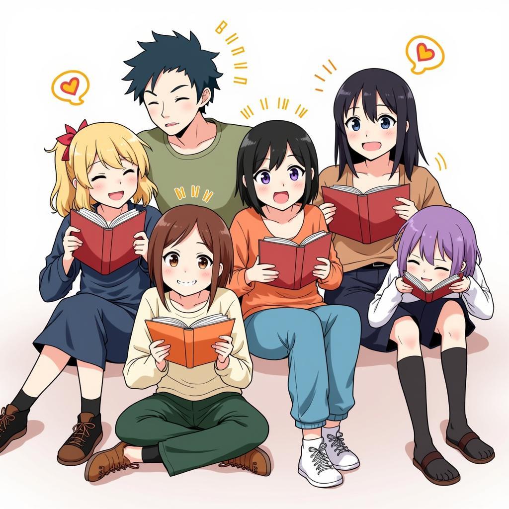 Group of friends enjoying manga together