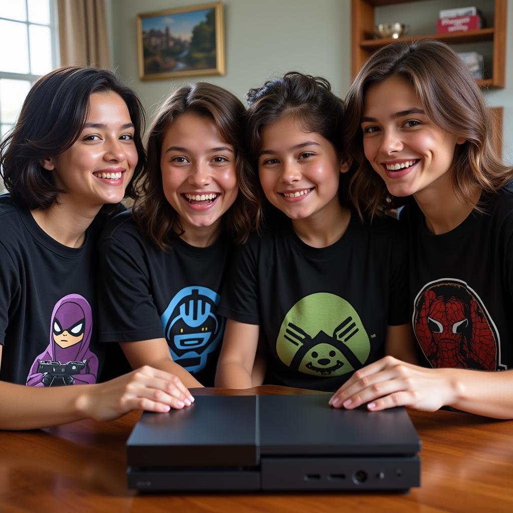 Group of friends wearing matching off-game merch, enjoying a gaming session together.