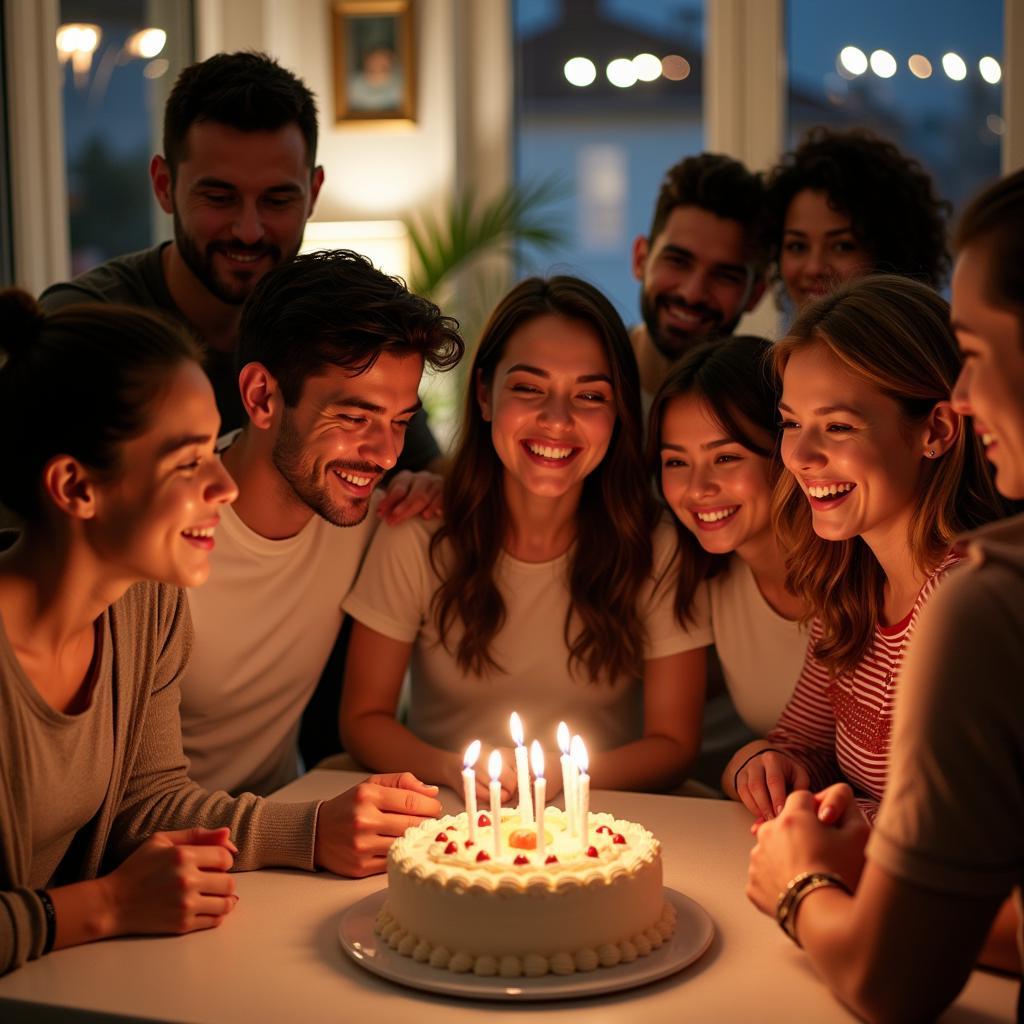 Group of people celebrating birthday with a cake