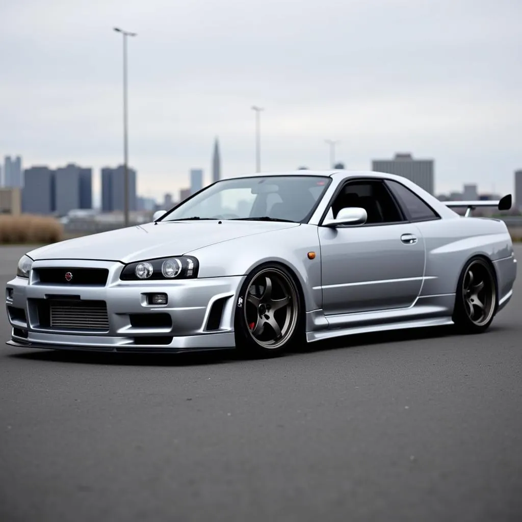 Nissan Skyline R34 GTR with a widebody kit, parked showing off its side profile