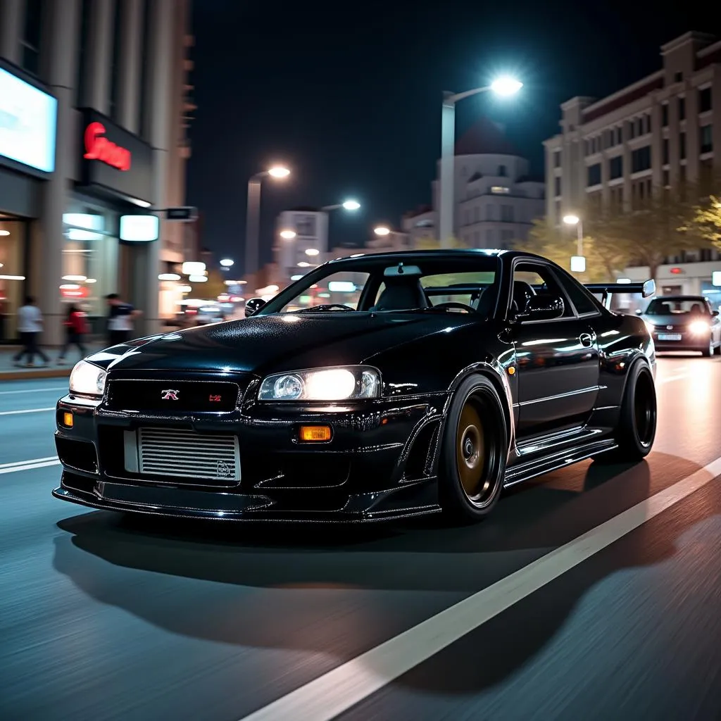 Black GTR Skyline widebody driving on a neon-lit city street at night