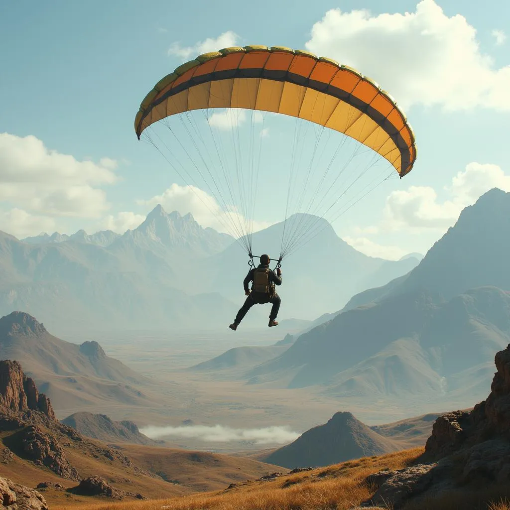 Guardian exploring a vast landscape using a powered parachute