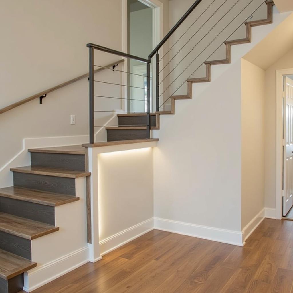 Stylish staircase with half wall and railing