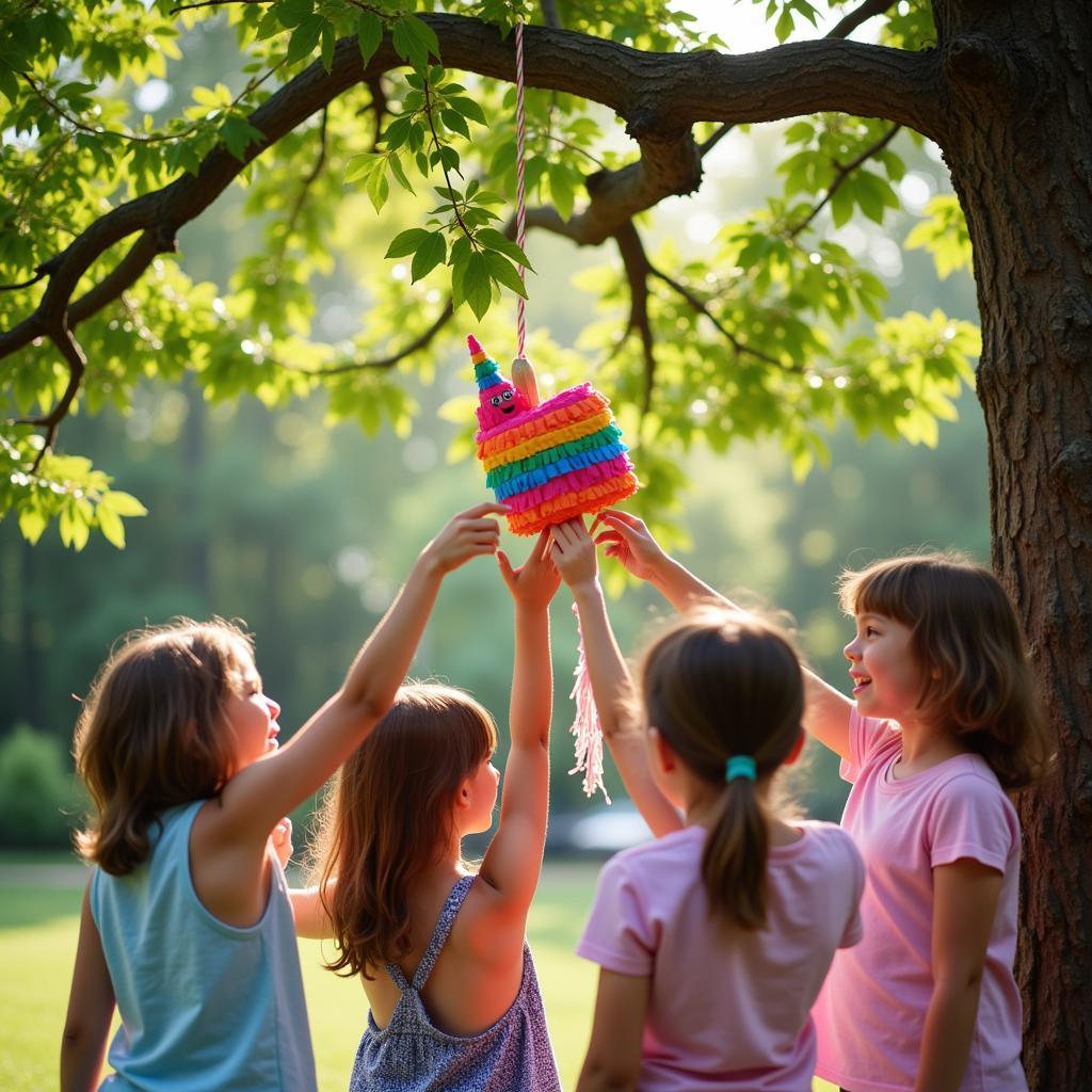 Kids taking turns hitting a piñata at an outdoor party