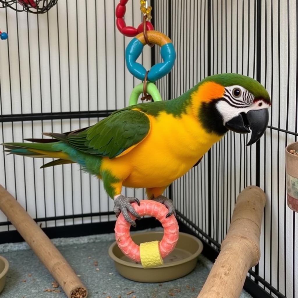 Happy Bird Enjoying New Toys Purchased with Discount