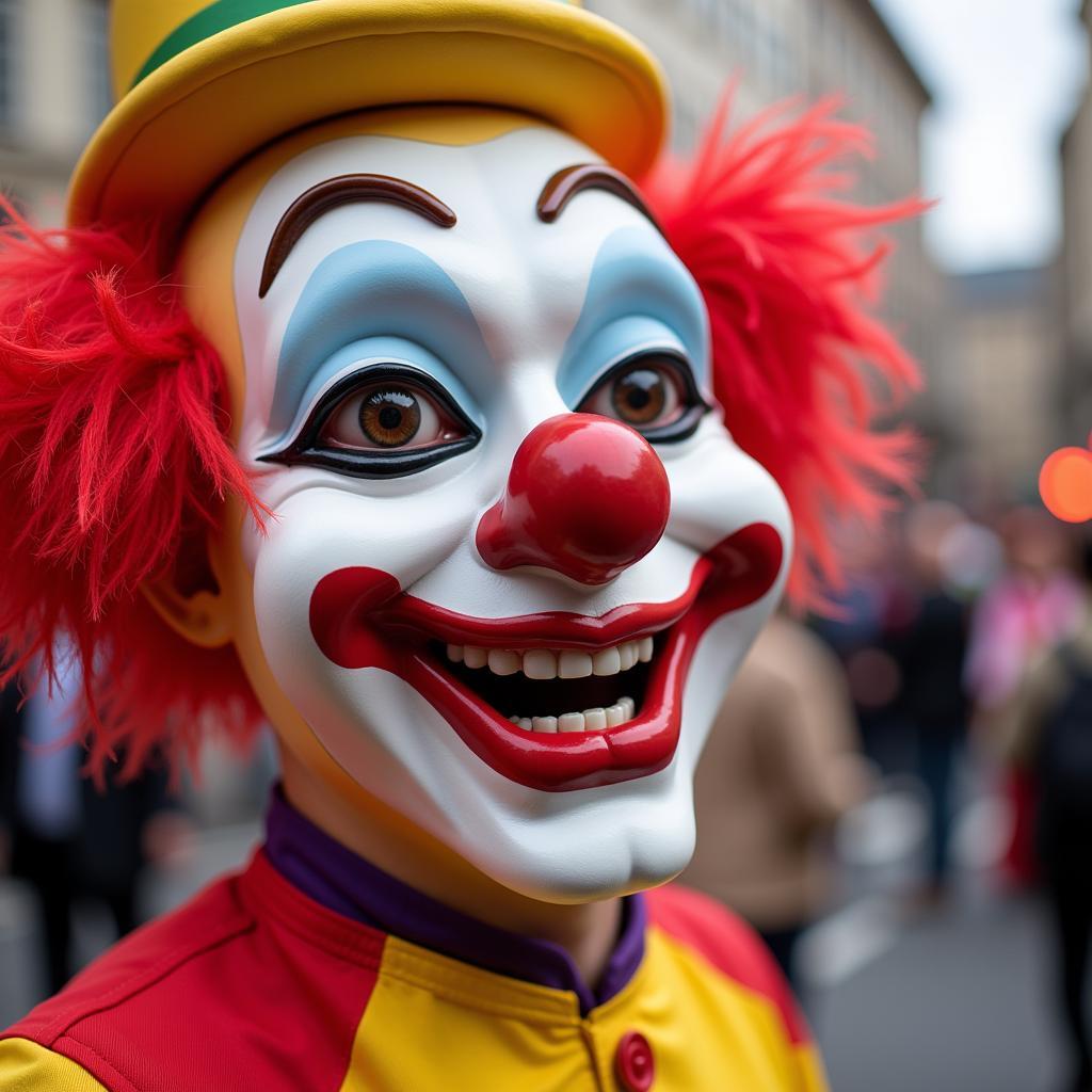 Smiling clown mask at a parade