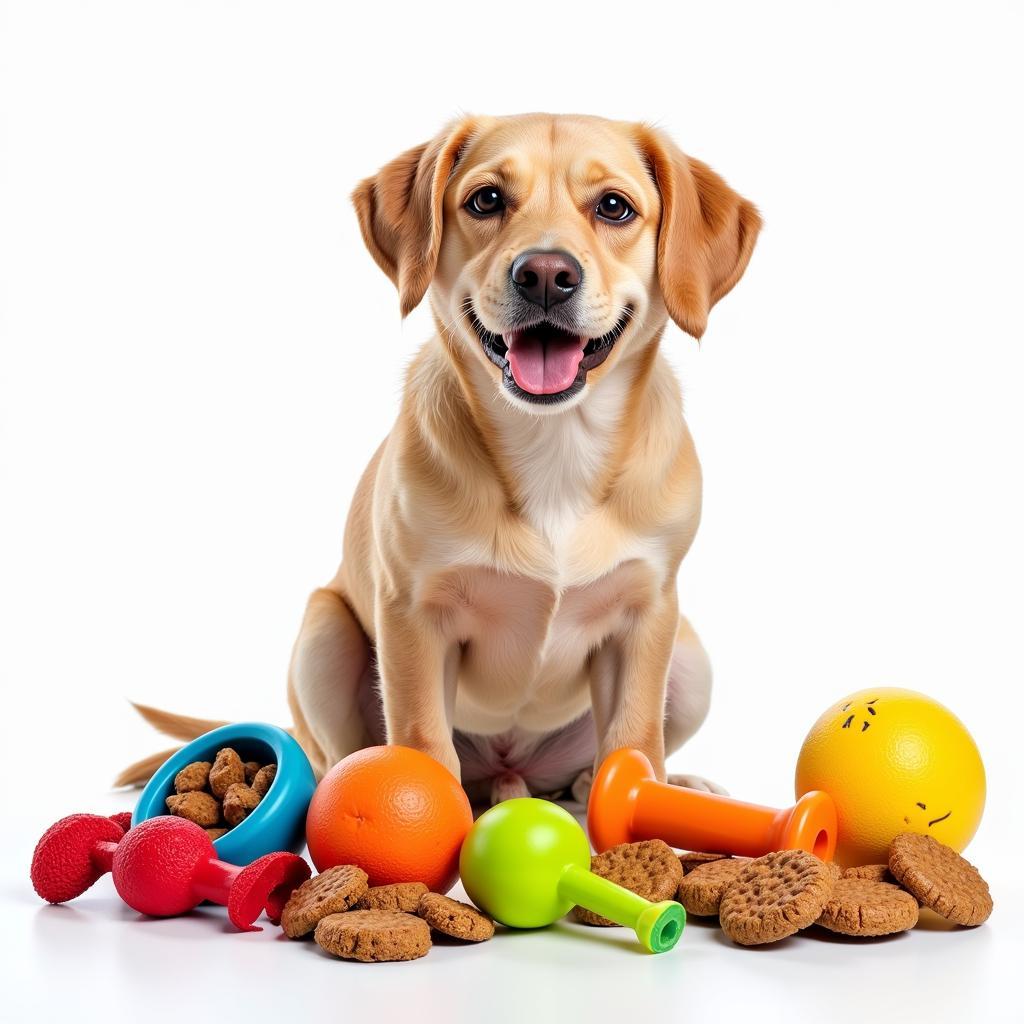 Happy Dog Surrounded by Toys and Treats 